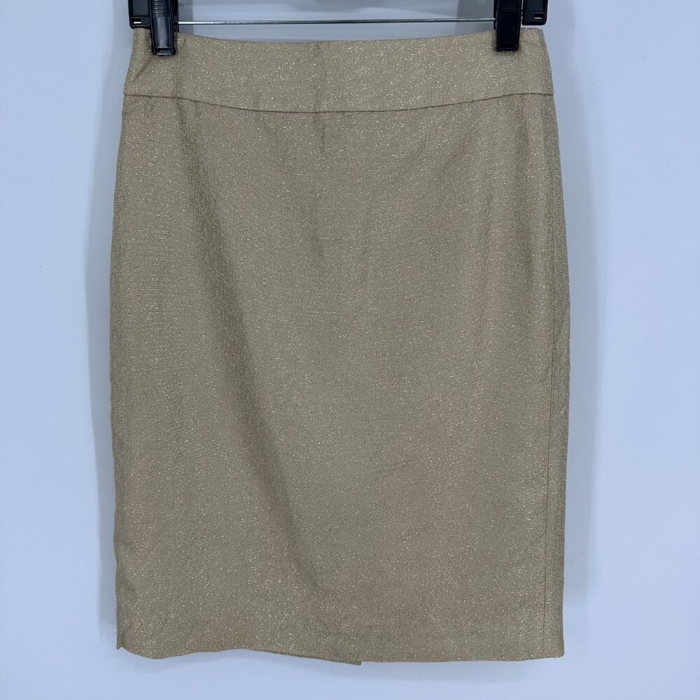 J. Crew Pencil Skirt 2 Metallic Silk‎ Textured Gold Preppy Classic Party Holiday